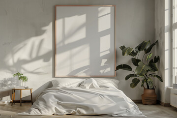 A peaceful bedroom scene with morning sunlight casting shadows on an unmade bed, plant, and blank picture frame.
