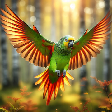 The close up of a parrot flying in Amazon forest. Blue fronted amazon. Orange winged amazon. Yellow shouldered amazon. Amazon parrot. Amazona. Psittacidae. parrot flying. Wildlife scene. parrot.