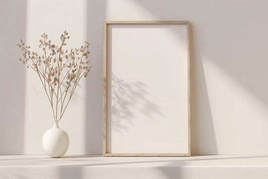 Minimalist interior with vase and blank frame, ideal for mockups.