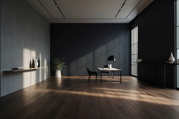 A room with a table and chairs in it, empty room with black walls, dark interior