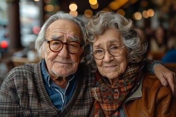 A loving elderly couple shares a smile, showing affection and lifelong companionship in a cozy setting