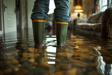 A person standing in a flooded house in a living room