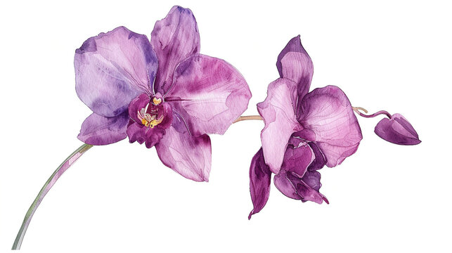 purple orchid flowers watercolor illustration isolated on white background, botanical painting