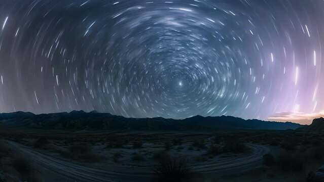 A long exposure photograph of the desert at night with the stars leaving trails of light across the sky. The stillness of the desert and the clarity of the night allow for