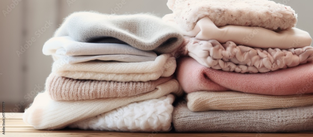 Poster a stack of sweaters in various colors and patterns sits on a wooden table in a peachcolored room, cr