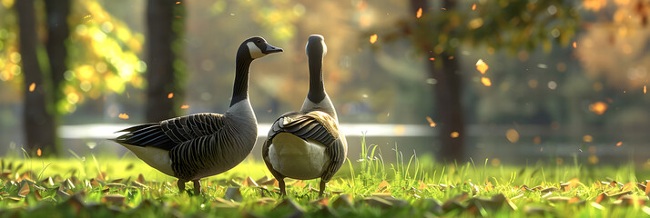 Cute ducks standing on the grassy ground near the lake,A flock of amazing ducks around a lake, Geese are standing in a field with the word goose on the back.


 - obrazy, fototapety, plakaty