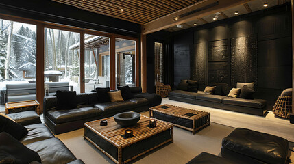 Elegant living room with large glass windows overlooking a snowy landscape, furnished with dark...