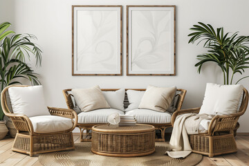 An elegant, minimalist living room with rattan furniture and indoor plants, ideal for home decor themes. - obrazy, fototapety, plakaty