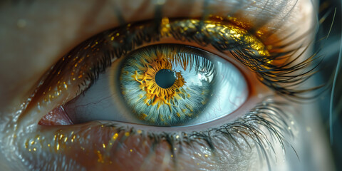 Detailed macro shot of blue and gold human iris - obrazy, fototapety, plakaty