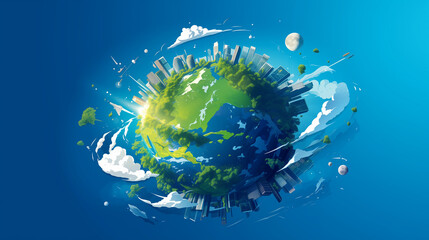 Earth Planet with Forest and Floating City - Environment Protection Concept - obrazy, fototapety, plakaty