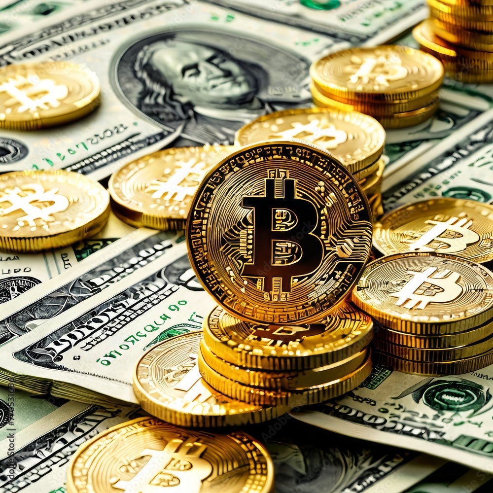 Poster a striking image depicting a stack of golden bitcoins prominently displayed against a background of 