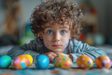 Fototapeta na wymiar A young child is laying on top of a table surrounded by colorful painted Easter eggs.