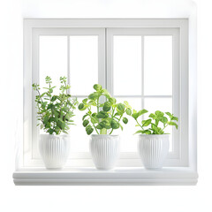 Potted herbs on a windowsill isolated on white background, cinematic, png
