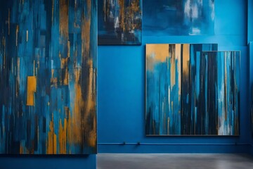 art gallery featuring abstract paintings against a backdrop of cool blue wall