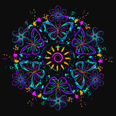 Circular composition like mandala with butterfly, sun, paint brush strokes, splattered paint. Glowing neon fluorescent colors. Virtual surreal nature. Outline, contour illustrations.