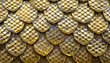 Golden metal texture of dragon or snake scales. Generative AI. - obrazy, fototapety, plakaty