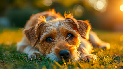 Dog lying on the grass and looking at the camera