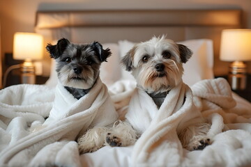 Two dogs sitting on a bed wrapped in towels