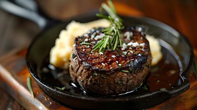 Decadent Grilled Steak with Rosemary Garnish on Wooden Plate