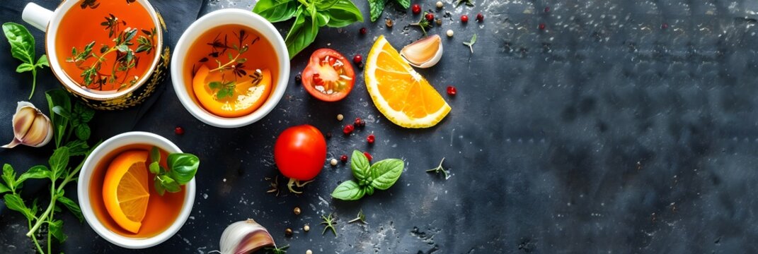 Delectable Tomato Soup with Citrus and Fresh Herbs in Rustic Bowl Setting