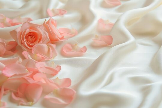 Soft pink rose petals scattered on white silk, romantic wedding background, elegant floral photo