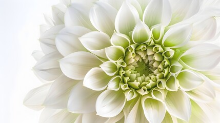 Elegant Floral Closeup of Soft White Dahlia Bloom with Intricate Petals and Green Center - obrazy, fototapety, plakaty