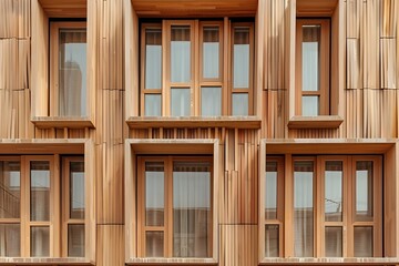 Elegant Wooden Facade of Modern Architectural Building with Geometric Patterns and Large Windows
