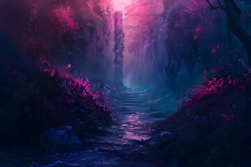 Enchanting Fairy-Tale Forest Waterfall Path Under Vibrant Glowing Skies