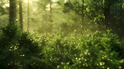 Enchanting Forest Glade Bathed in Soft Dappled Sunlight and Lush Greenery - obrazy, fototapety, plakaty
