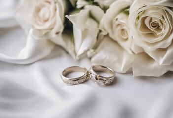 Golden wedding rings on a white table close-up among white roses. Wedding rings, engagement rings