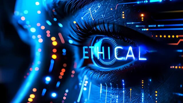 Close-up of a woman's eye with 'ETHICAL AI' illuminated on a neon futuristic technology background, symbolizing the intersection of human ethics and artificial intelligence