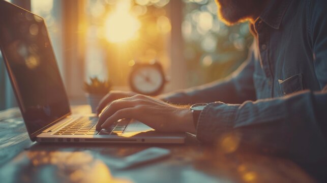 Person Typing On Laptop Computer With Sunlight Streaming Through Window In Bright Home Office Setting