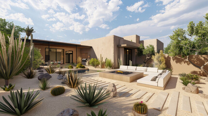 Fototapeta na wymiar This high-end desert home's exterior showcases a beautifully landscaped garden with a variety of succulents, perfect for outdoor living and entertaining
