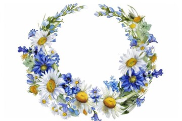 Watercolor wreath of daisies, bluebells, and chamomile flowers on isolated background, hand-drawn illustration