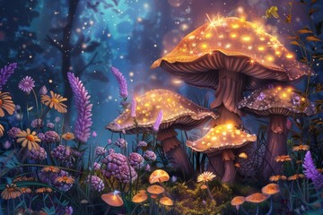 Obraz na płótnie Canvas Whimsical fairy garden with glowing mushrooms, enchanted flowers, and magical creatures, digital illustration
