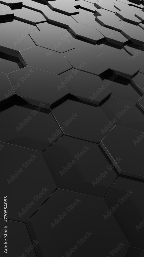 Poster 3d abstract black vertical background. abstract dark hexagon mosaic wall. 3d rendering illustration 