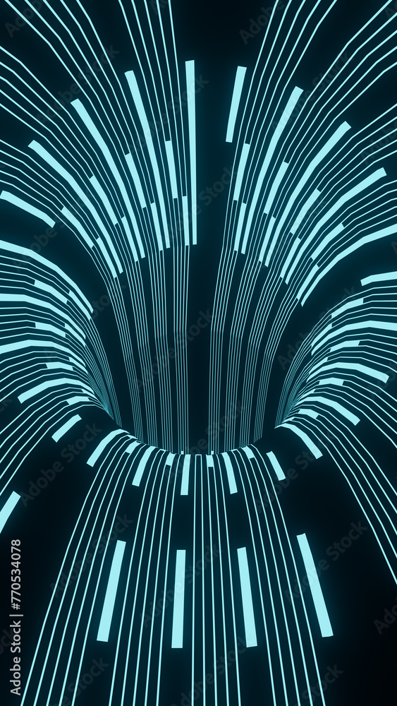 Poster flying in digital tunnel . abstract motion vertical background. cyberpunk concept. sci-fi. 3d render