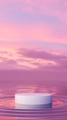 Foto op Plexiglas Water wave, cloud sky, beautiful sunset. 3d empty pedestal. Presentation commercial product display stand, showcase. Blank mockup vertical scene. 3d rendering illustration not AI  © Cg loser 