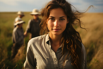 Young woman in a field with explorers - obrazy, fototapety, plakaty