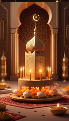 Ornamental Arabic lanterns with burning candles glowing at night. Plate with date fruit on the table