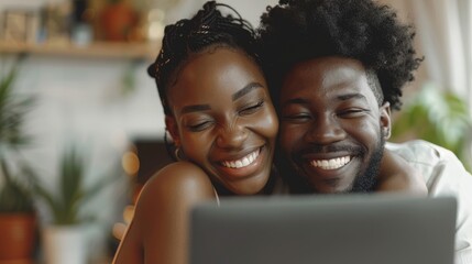 Happy couple enjoying time together at home with a laptop
