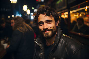 Man with a warm smile in a bar - obrazy, fototapety, plakaty