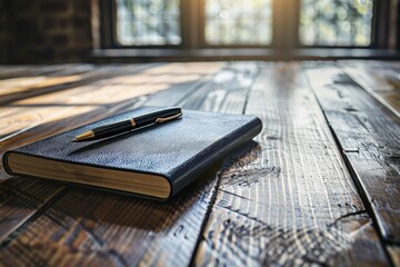 Morning light streams over a leather notebook and pen, inviting inspiration. - obrazy, fototapety, plakaty