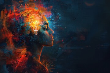 A woman with a light bulb representing an idea or inspiration inside her head.