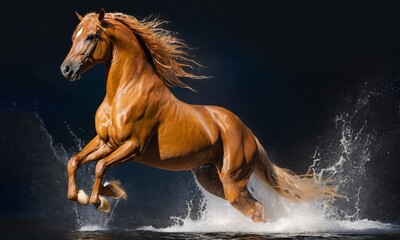 Obraz na płótnie Canvas A vibrant chestnut horse caught mid-gallop, its muscular build emphasized by water splashes against a dark backdrop. AI generation