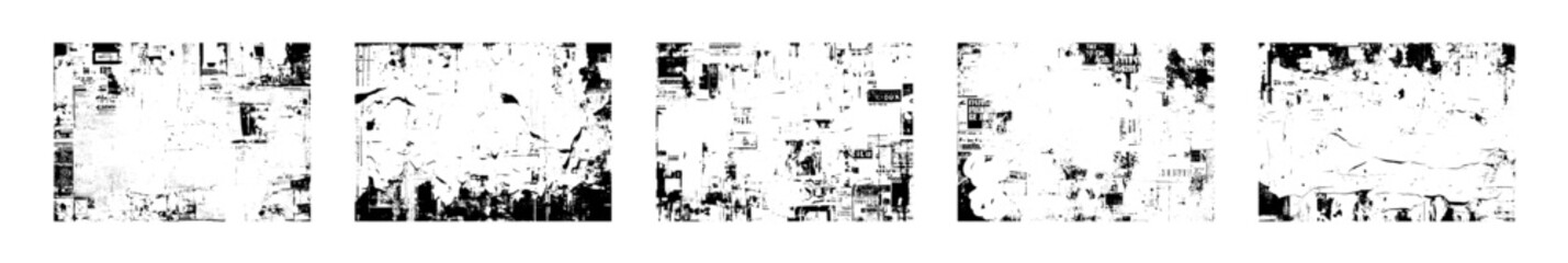 Newspaper distressed dust grunge texture. Monochrome texture composed of irregular graphic elements. Overlay for interesting effect and depth. Isolated on white background.