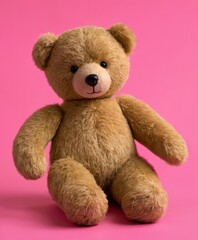Obraz premium A plush brown teddy bear seated against a vivid pink background, symbolizing comfort and childhood nostalgia. AI generation