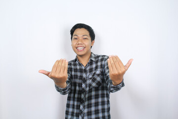 happy asian man show inviting gesture with raising two hands isolated on white