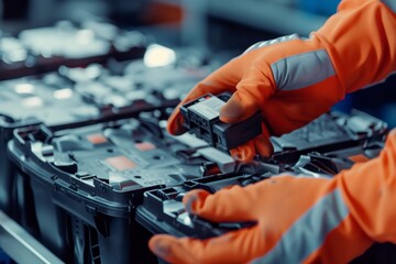 Technician attentively handles battery pack assembly in a high-tech production environment.