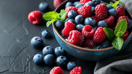 Fresh blueberries and raspberries in a rustic bowl on dark background
